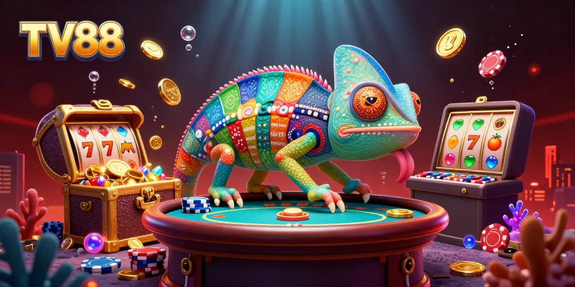 Engage with TV88's vibrant casino world, witnessing the chameleon owner snatching golden coins amid dynamic gameplay.