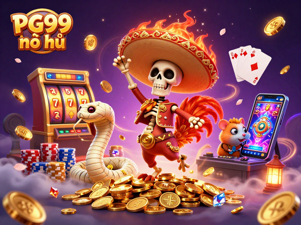 Win big with PG99 nổ hũ in an energetic casino scene filled with vibrant slots and golden coins.