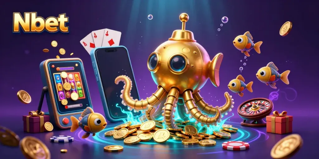 Experience the excitement at Nbet with a gold kraken submarine and mechanical fish amidst golden coins and casino elements.