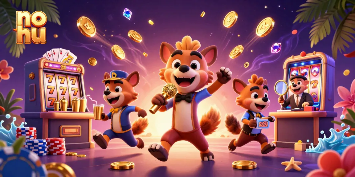 No hu casino scene with hyenas as characters enjoying slots, drinks, and comedy.