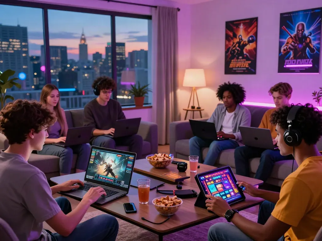 Engaging gaming scene with diverse players enjoying rokok88 platform, vibrant atmosphere.