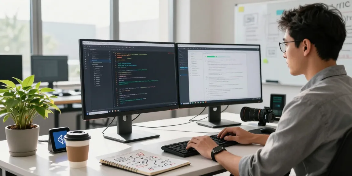 Build internal tools with AI in a modern tech workspace, showcasing coding, collaboration, and productivity.