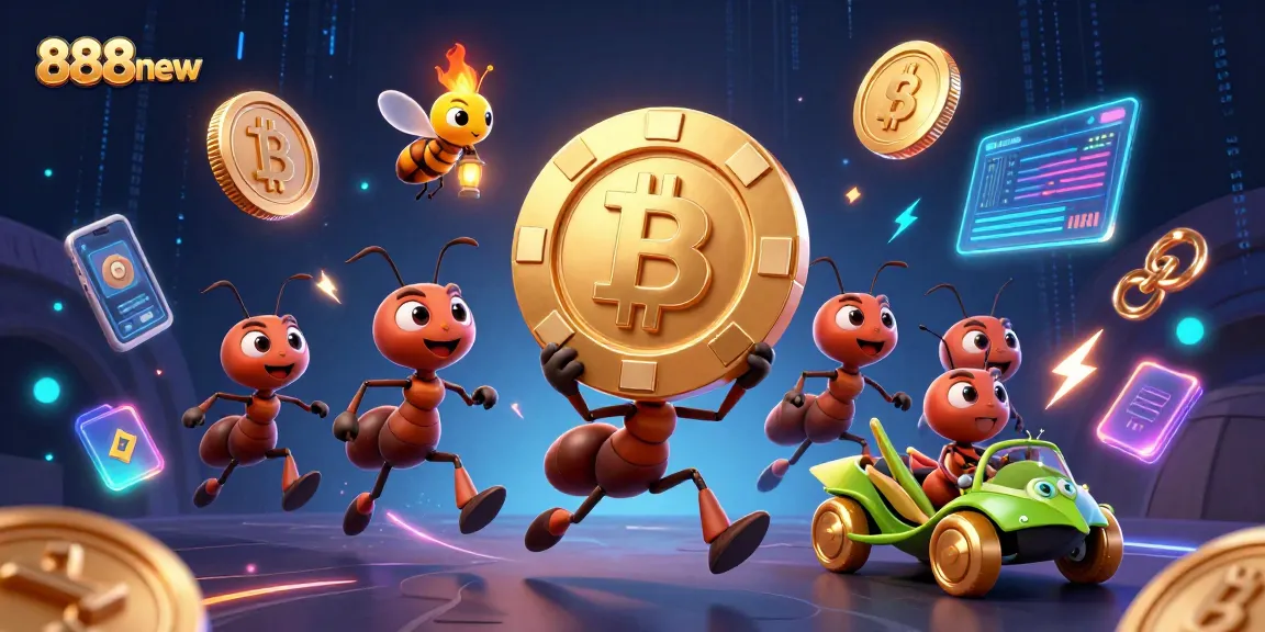 Engage with 888new as ants execute a casino heist, showcasing vibrant Bitcoin and Ethereum elements.