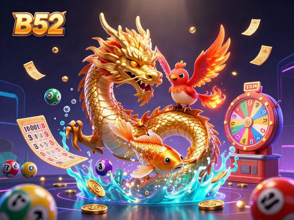 Engage with B52's thrilling gaming adventure featuring a golden dragon and phoenix amidst a wealth cascade.