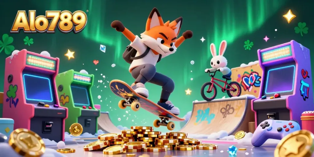 Alo789 showcases a vibrant scene with a skateboarder fox and BMX rabbit against casino-themed graffiti.