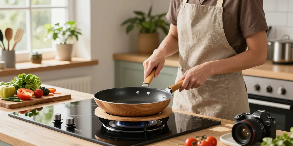 Stilvolle Küche mit Topfuntersetzer aus Holz, die eine Pfanne hält und modernes Kochen präsentiert.