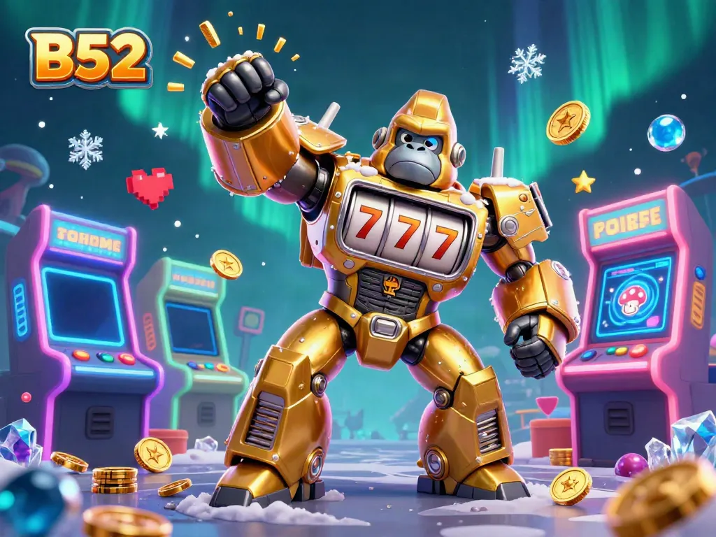 B52 gorilla mech slots character launching coins in vibrant 3D casino arcade scene