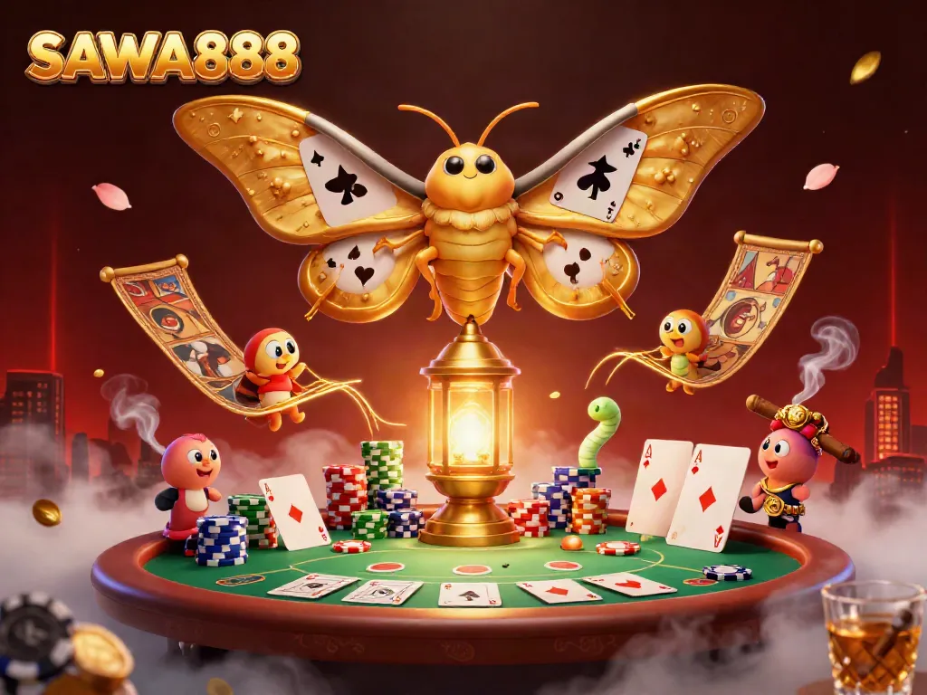 SAWA888 showcases a vibrant casino scene with a cartoon moth and poker elements for an engaging gaming experience.