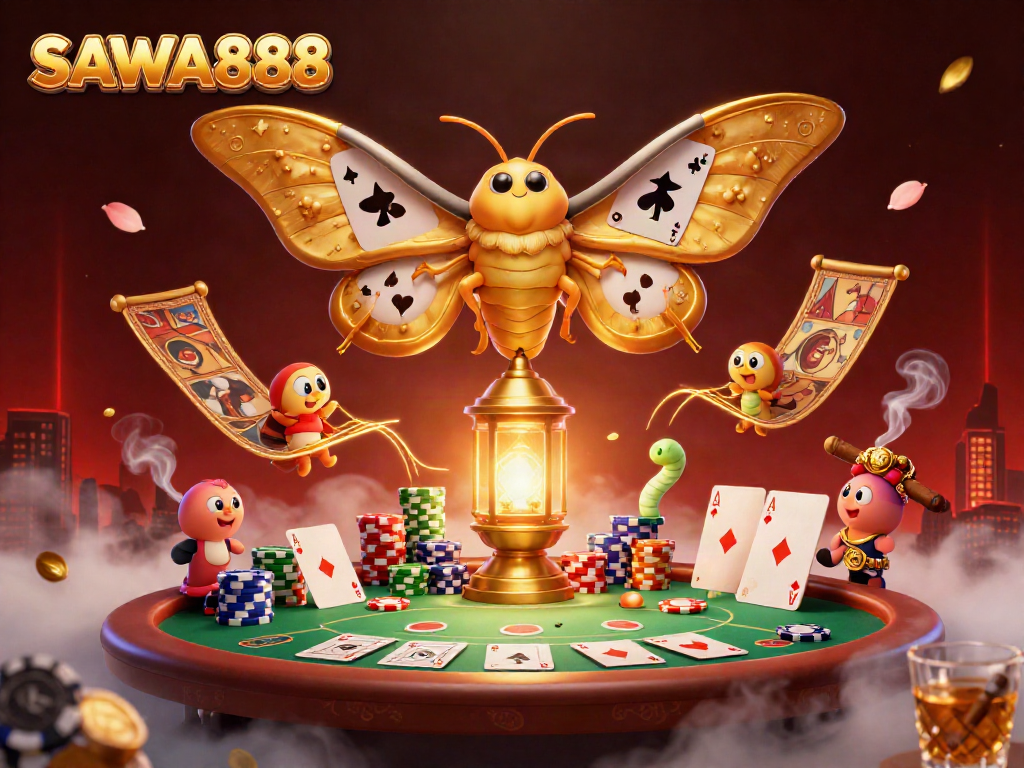 SAWA888 showcases a vibrant casino scene with a cartoon moth and poker elements for an engaging gaming experience.