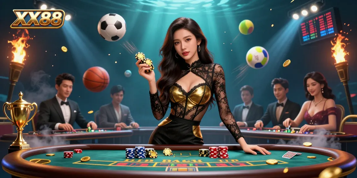 Experience the excitement of XX88 with a glamorous player at a VIP baccarat table amidst dynamic sports elements.