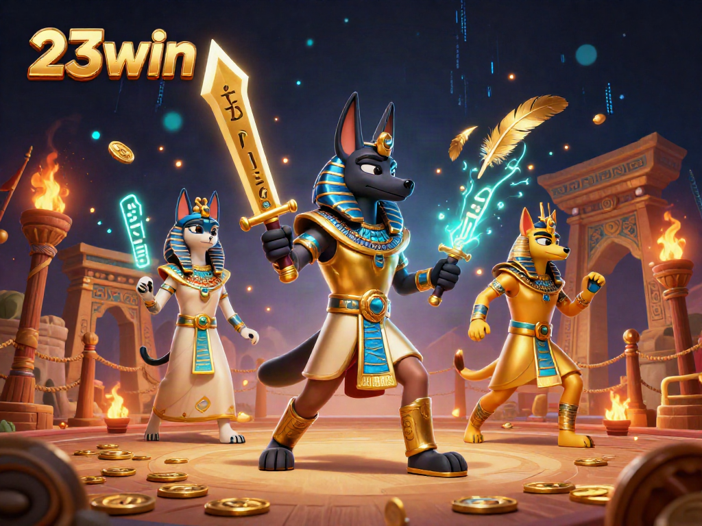 Experience the thrill of 23win as Anubis battles in a vibrant online casino arena illustrated in 3D.