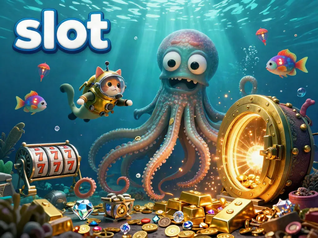 Spin on the slot with a kraken and diving cat, surrounded by golden treasures and jackpot elements.