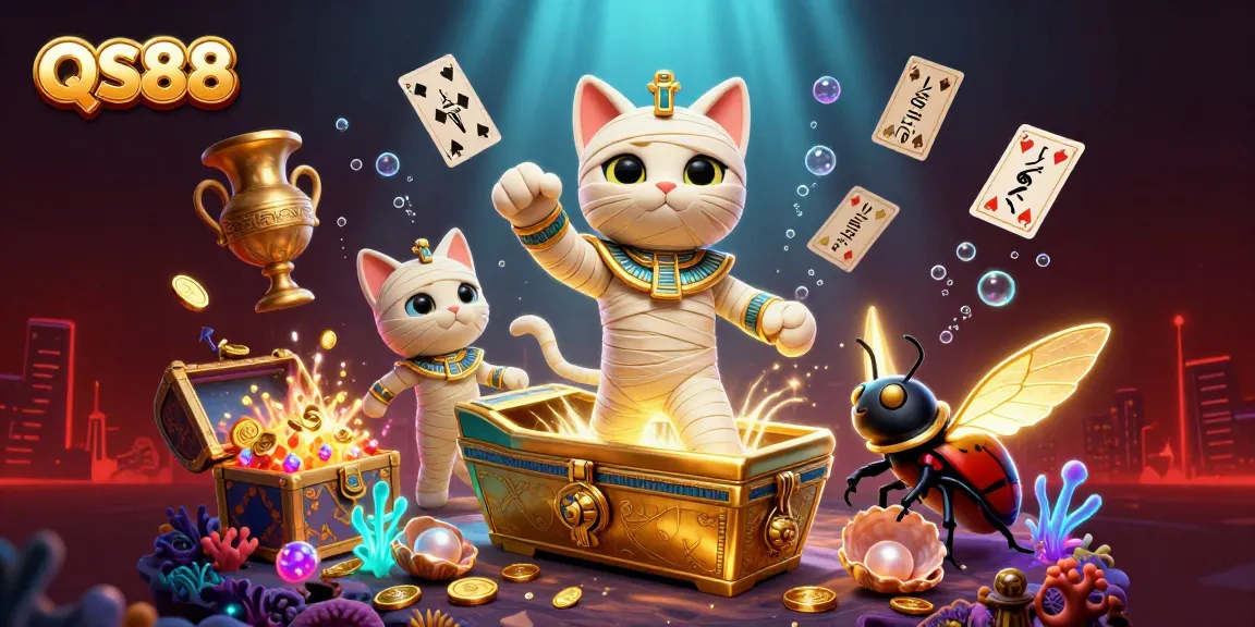 Experience the thrills of QS88 casino with a vibrant 3D mummy cat and glowing treasures.