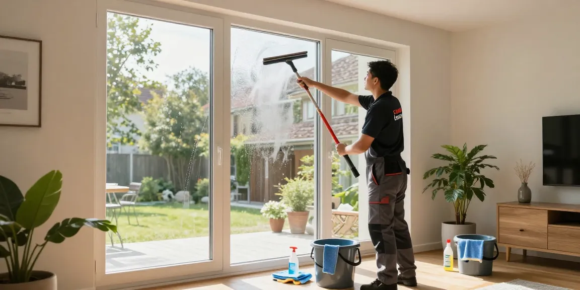Professional window cleaning in a Bern home, achieving streak-free results in bright, inviting light.