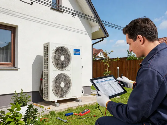 Wärmepumpe Kosten: Techniker installiert Wärmepumpe für effiziente Heizung im Einfamilienhaus.