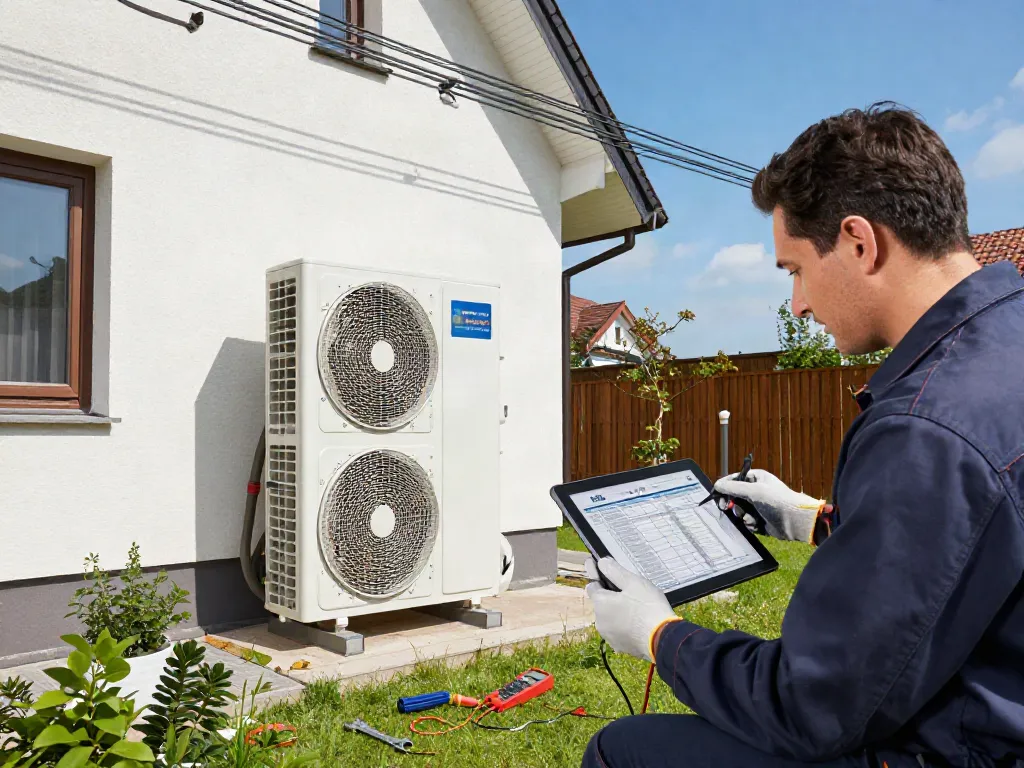 Wärmepumpe Kosten: Techniker installiert Wärmepumpe für effiziente Heizung im Einfamilienhaus.