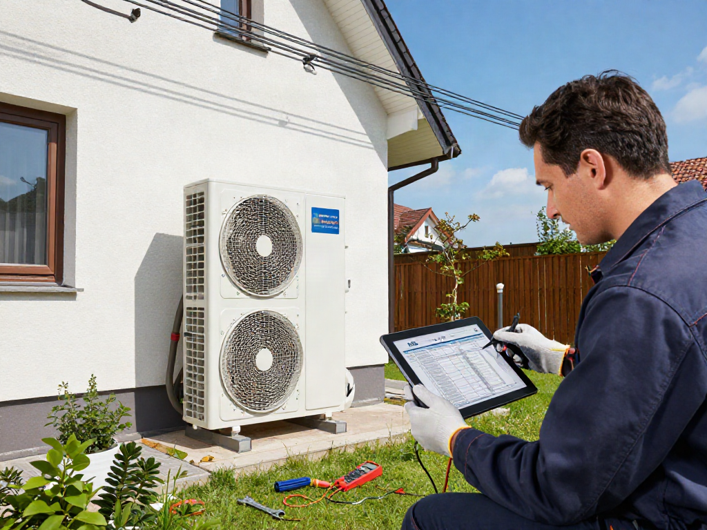 Wärmepumpe Kosten: Techniker installiert Wärmepumpe für effiziente Heizung im Einfamilienhaus.