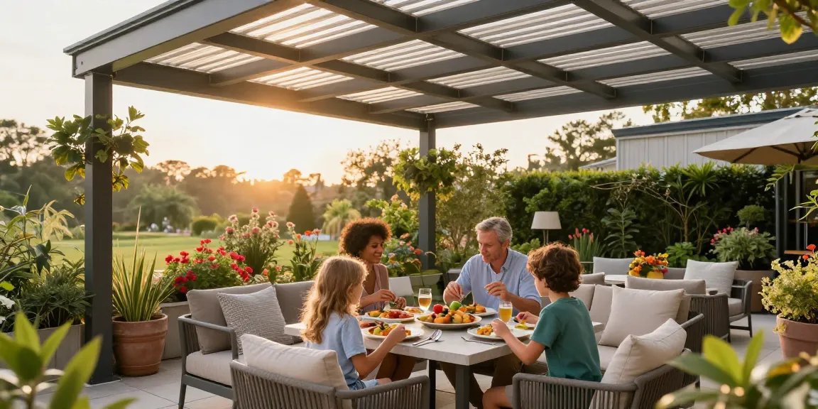 Moderne Terrassenüberdachung mit stilvollem Loungemöbel über einem Essbereich im Freien.