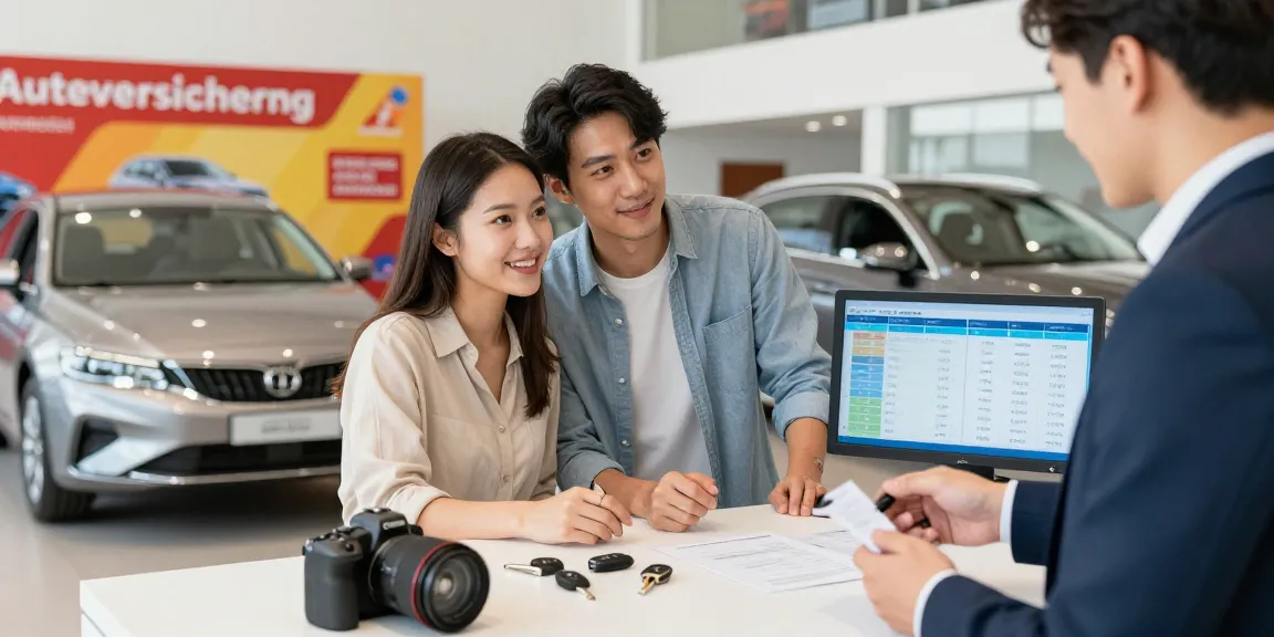Junge Paare erkunden Autoversicherungsmöglichkeiten bei einem freundlichen Agenten in einem modernen Autohaus.