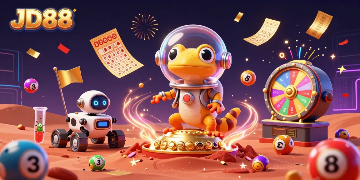 Engage in thrilling JD88 gaming with a Martian gecko discovering a hidden casino on Mars.