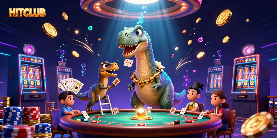 Join the excitement at HITCLUB with a giant dinosaur and raptor dealer amidst a casino celebration.