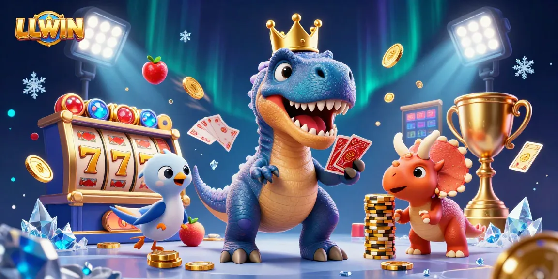 LLWIN showcases an exciting slot game scene with dinosaurs and vibrant casino elements.