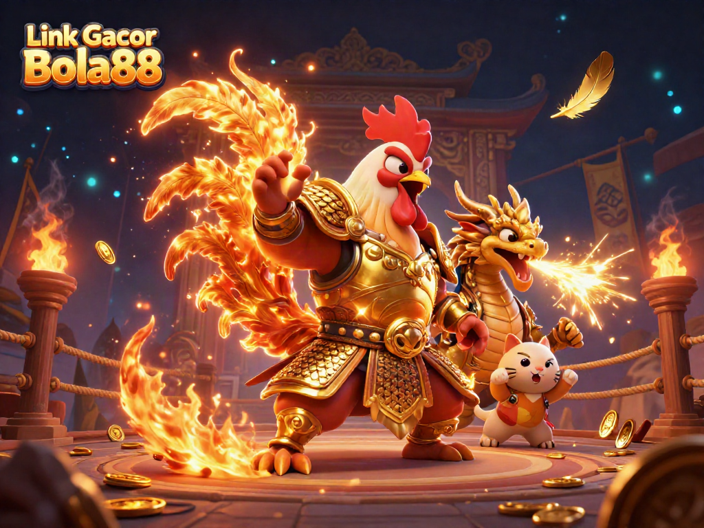 Experience the thrill of gambling with Link Gacor Bola88 featuring warriors, fire effects, and animated gold.