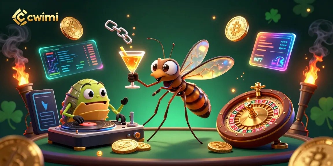 Cwinni showcases a lively casino scene with a frozen mosquito mascot and trilobite DJ surrounded by crypto coins.