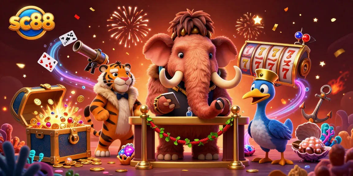 Sc88 casino scene with a woolly mammoth, saber-tooth tiger, and dodo bird amidst treasures and slots.