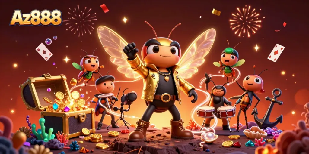 Experience the thrilling world of Az888 with vibrant characters celebrating vibrant casino games in a dazzling scene.