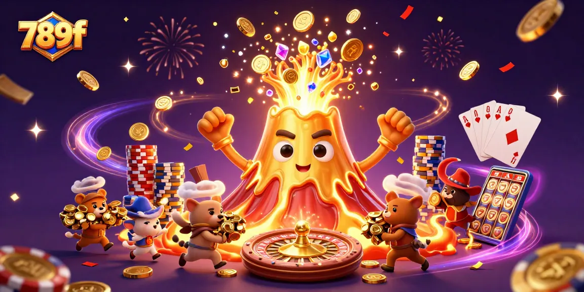 Experience thrilling wins at 789f as the golden volcano erupts with treasures in a vibrant casino scene.