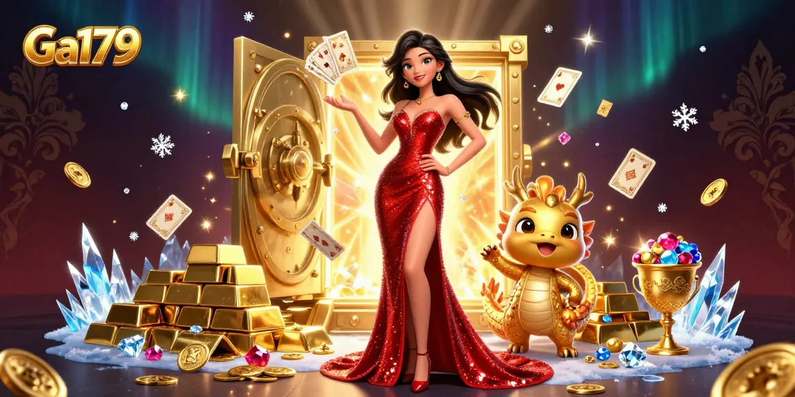 Ga179 brings exciting online gameplay with a stunning Asian woman, a golden dragon mascot, and dynamic casino elements.