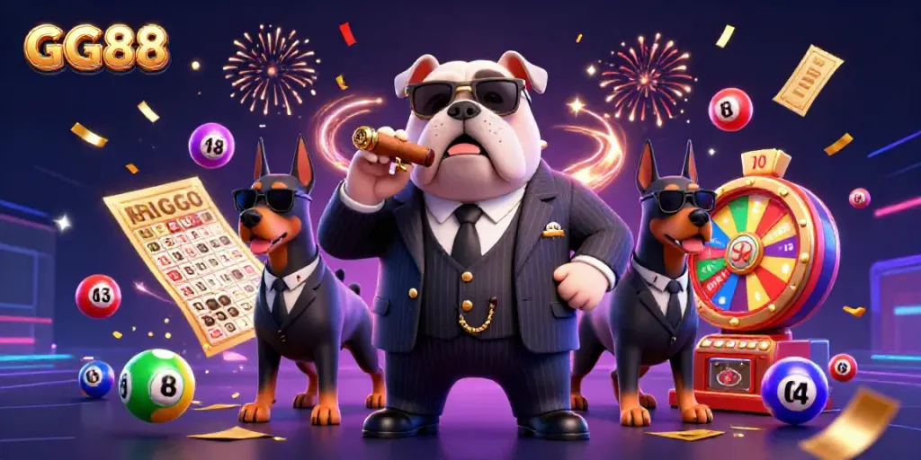 Experience the thrill of GG88 with a dynamic 3D illustration of a mafia boss and his bodyguards amidst colorful gambling elements.