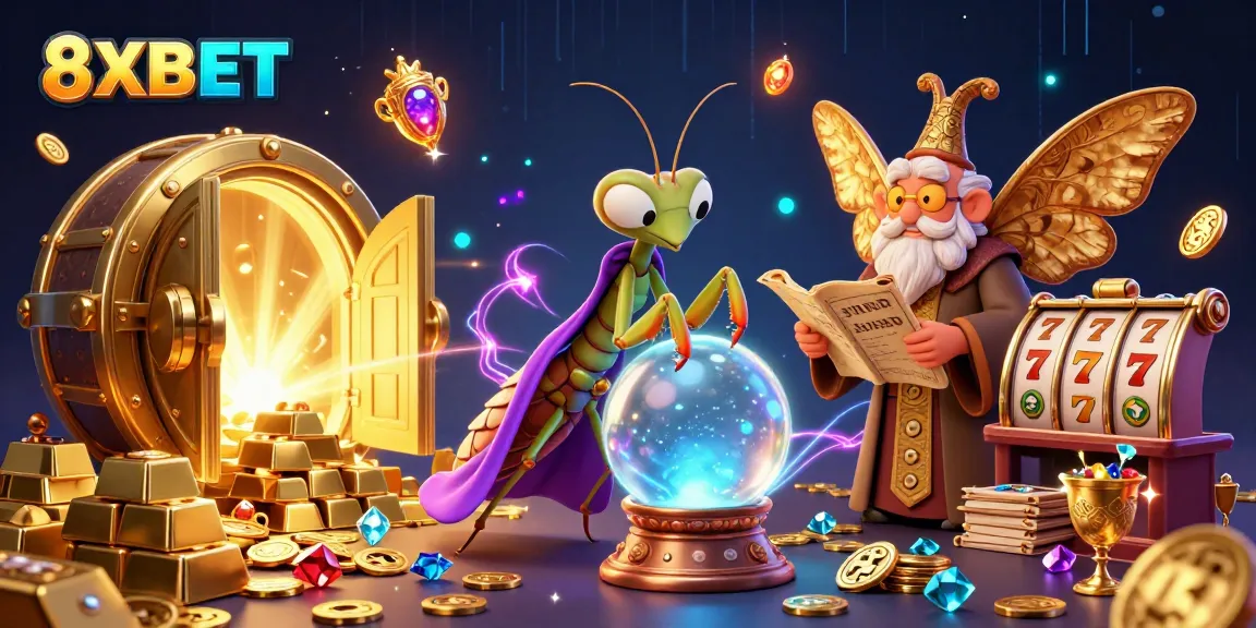Explore chances of winning at 8XBET with a vibrant 3D illustration showcasing fortune teller and slot elements.