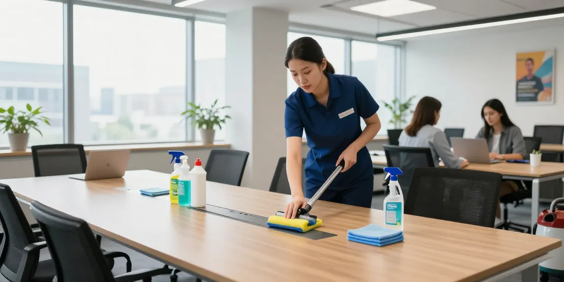 Büroreinigung Göttingen: Professionelle Reinigungskräfte in einem modernen Büro, die einen Konferenztisch gründlich reinigen.