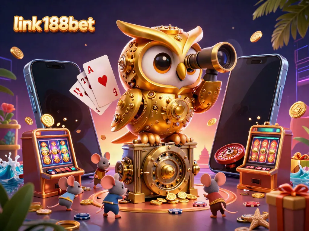 Experience the thrill of gambling at link 188bet through a vibrant 3D illustration featuring interactive casino elements.