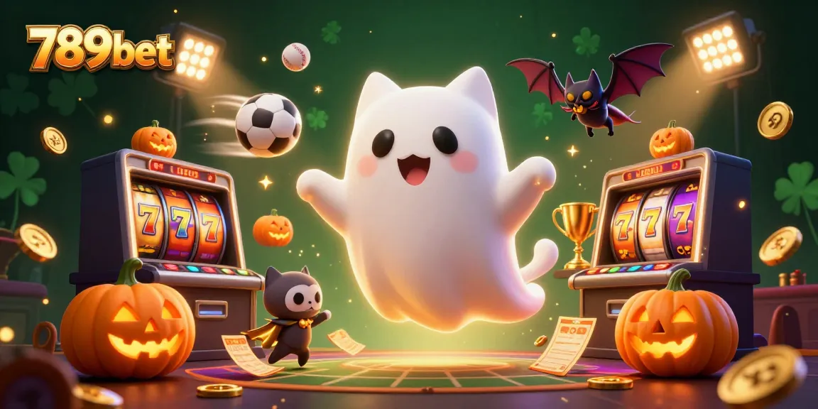 Experience thrilling fun with 789bet as a ghost cat and friends haunt a vibrant casino scene filled with slot reels.