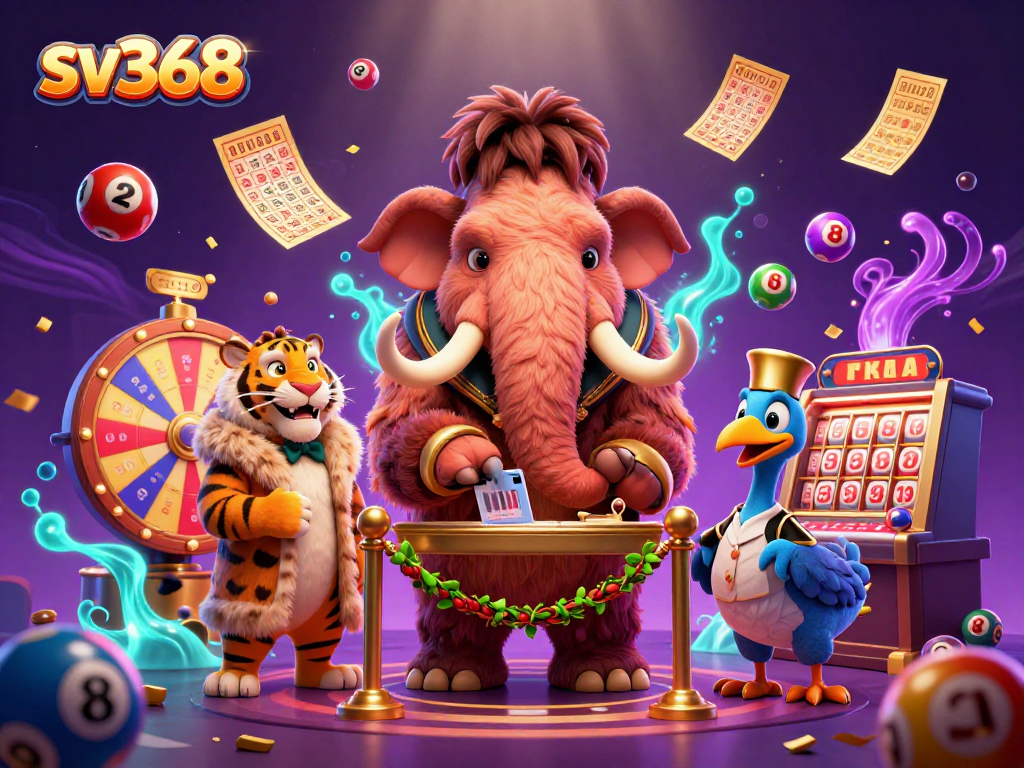 Experience the dynamic energy of sv368 with a whimsical gambling scene featuring vibrant characters and lottery elements.