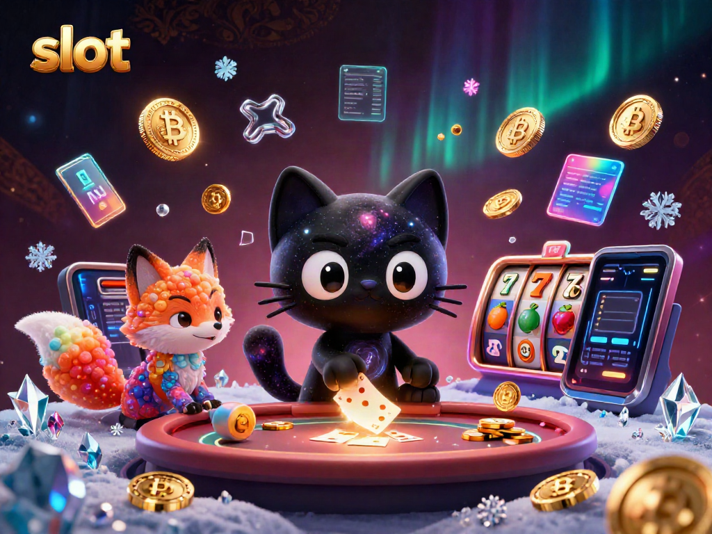 Experience slot action with a black hole cat and nebula fox in a vibrant cosmic casino scene.