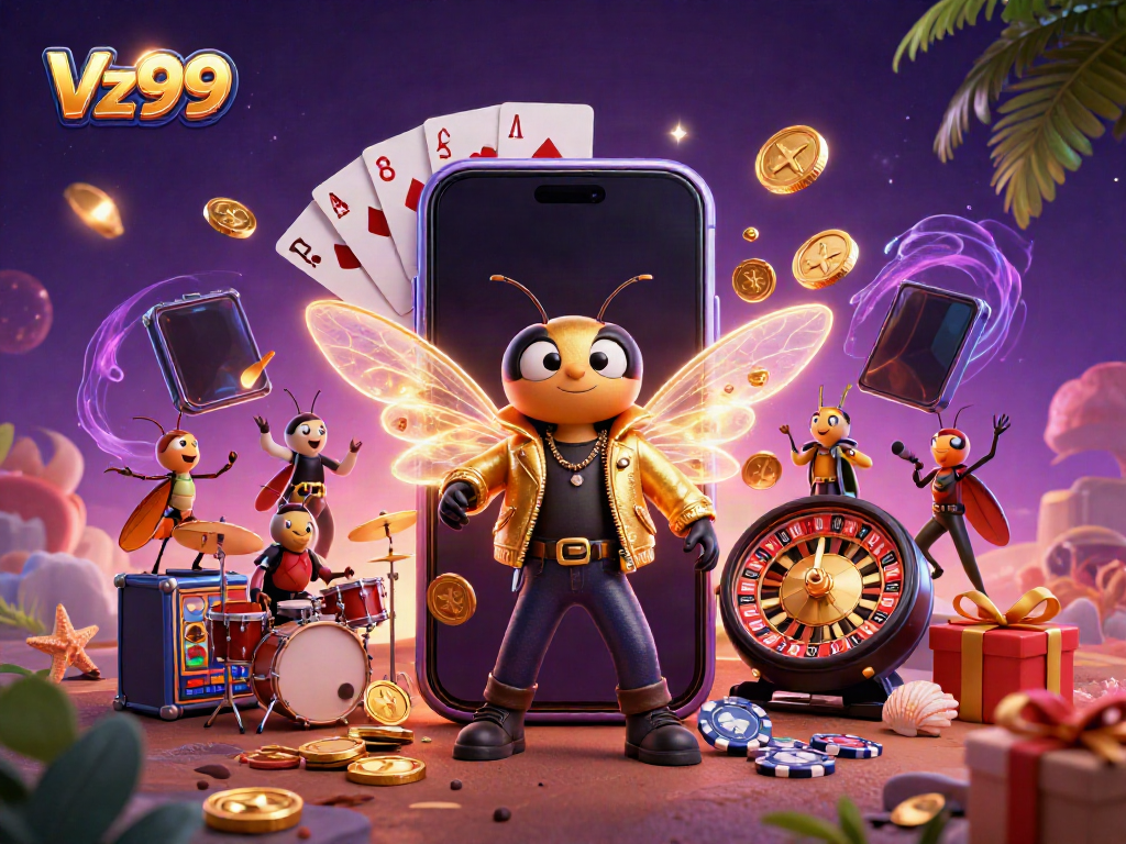 Engage with Vz99's dynamic 3D casino scene showcasing vibrant characters and a colorful slot game.