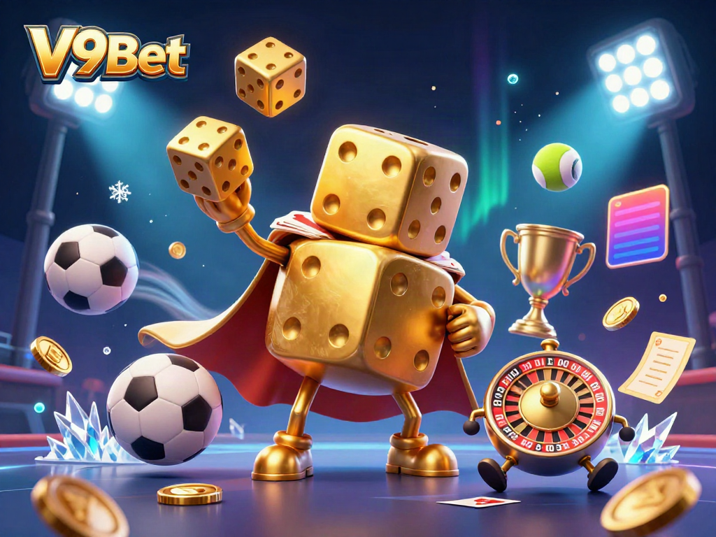 Experience the excitement of V9Bet with dynamic 3D characters and casino elements.