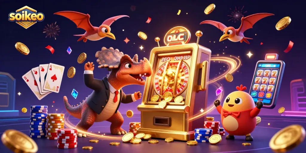 soikeo engages players with a 3D pachycephalosaurus jackpot, colorful casino elements, and dynamic action.