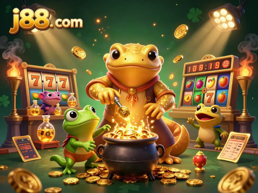 Engage with j88. com through an exciting illustration of a golden salamander alchemist creating gold in a casino setting.