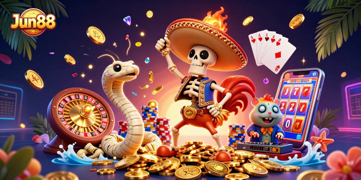Engage with Jun88's vibrant casino scene featuring festive characters and dynamic gameplay elements.