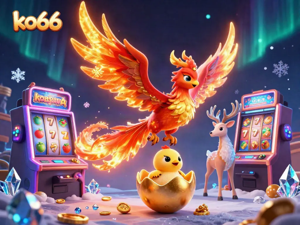 Experience thrilling gameplay at KO66 Casino with a vibrant phoenix and captivating slot machines.