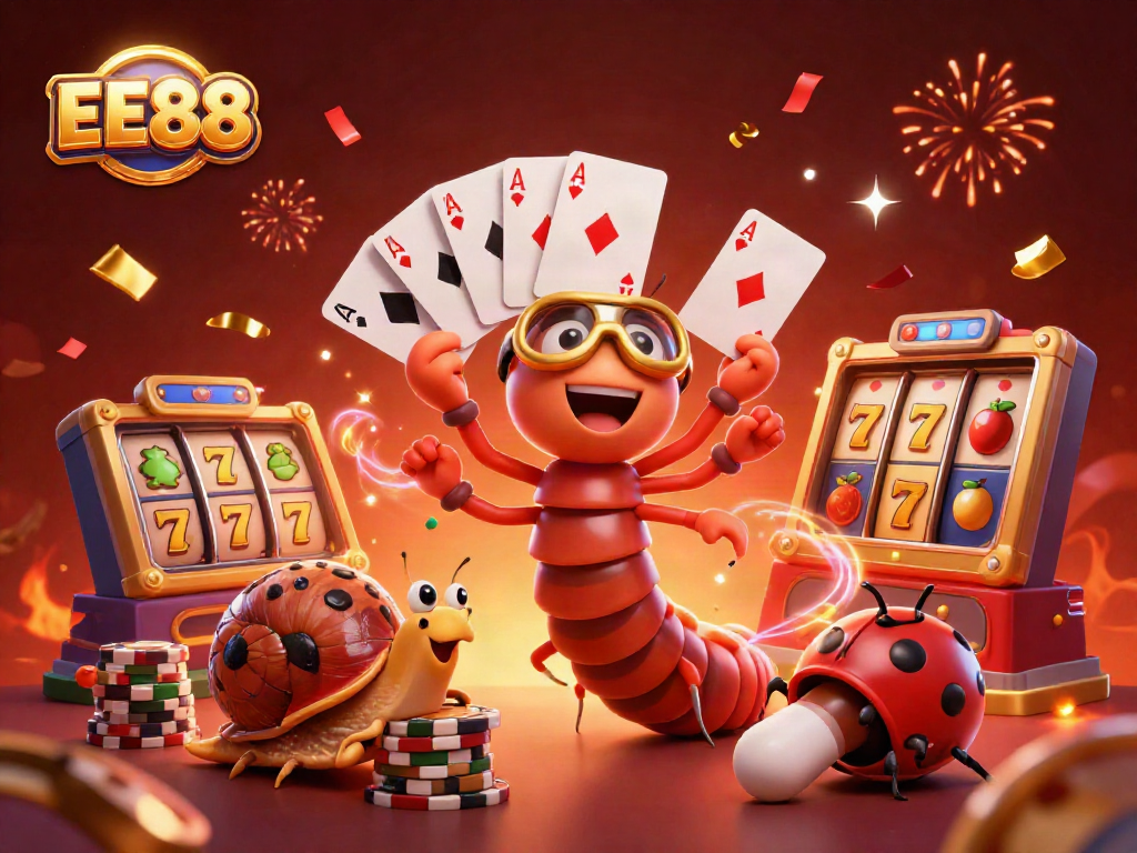 Experience EE88's lively slot scene with a dynamic millipede dealer and whimsical characters.