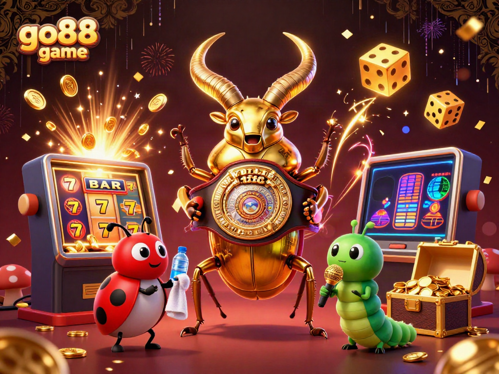 Engage in thrilling gaming with go88 game, featuring a dynamic 3D illustration of iconic characters and casino elements.