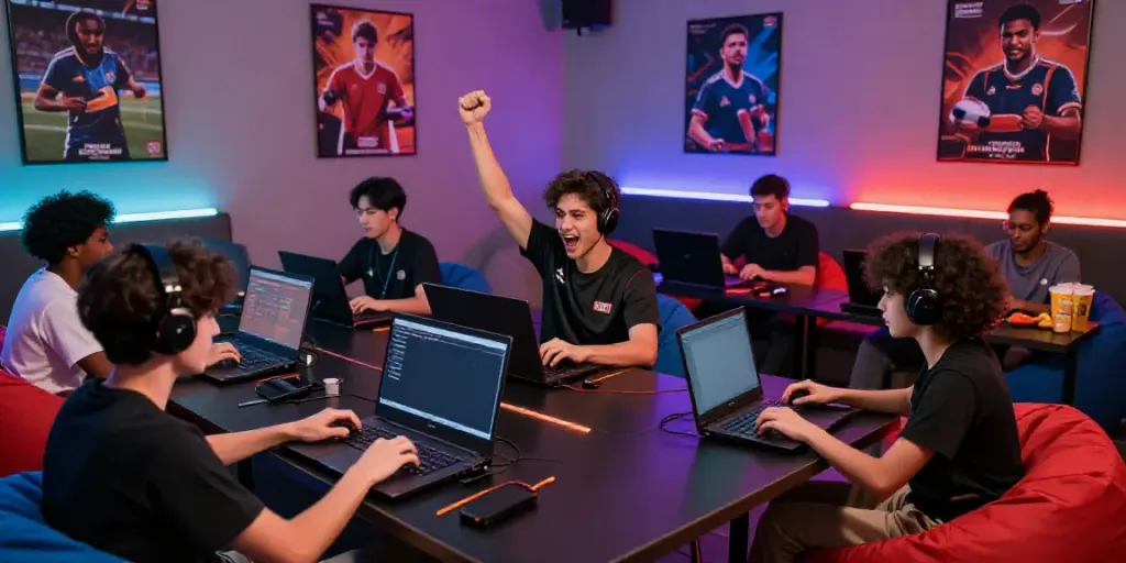 Dewacash Asia gaming scene with players celebrating online betting wins in a vibrant atmosphere.