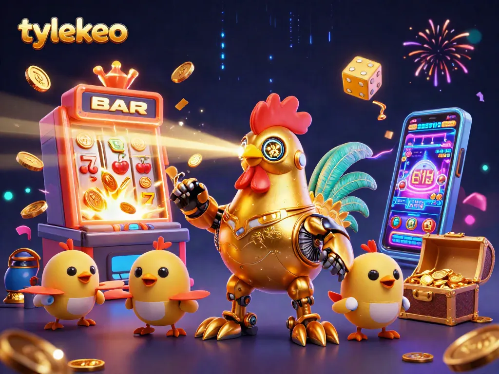 Engage in the exciting world of tylekeo with a dynamic 3D illustration showcasing thrilling slot jackpots and vibrant casino elements.