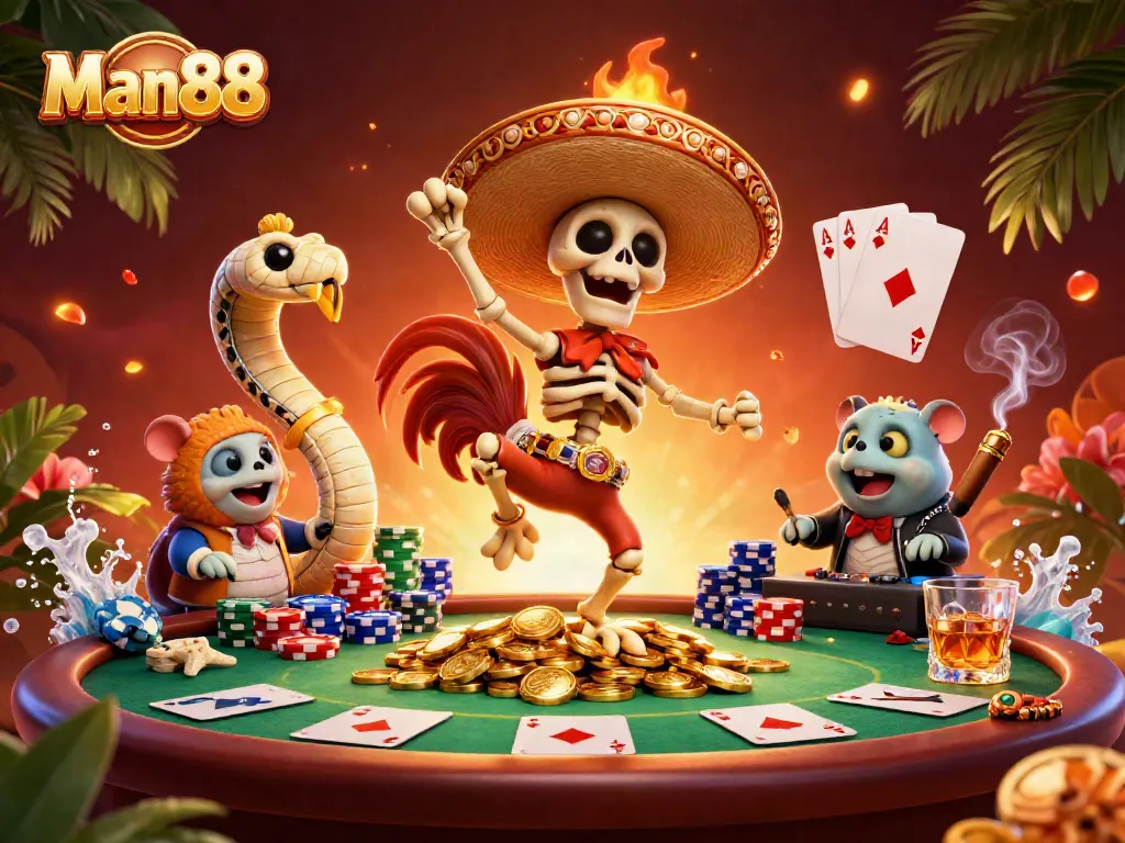Experience engaging betting action at Man88 with festive characters celebrating wins on a poker table.